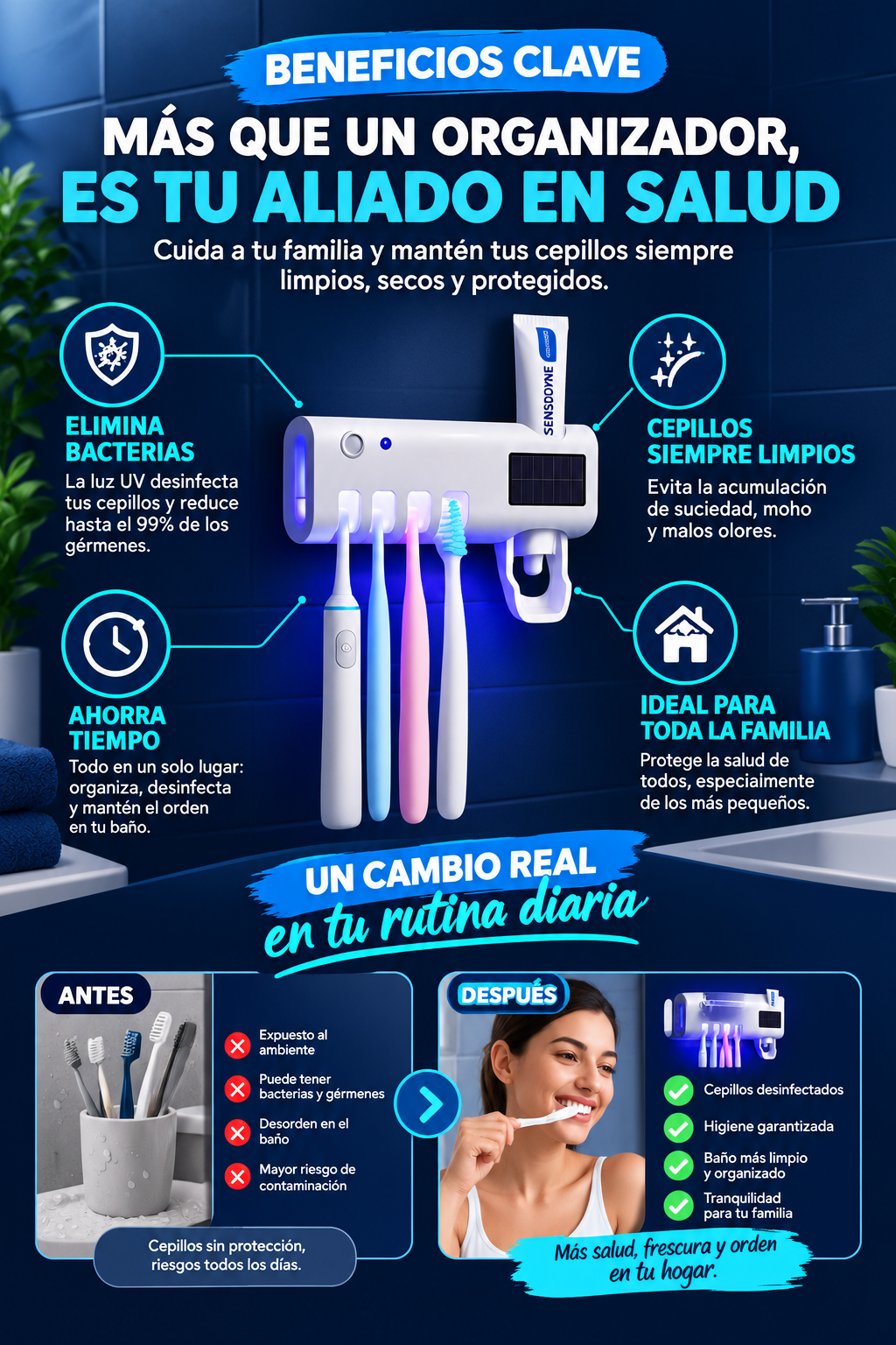 Lumora™ | Soporte Esterilizador UV para Cepillos Dentales 3 en 1