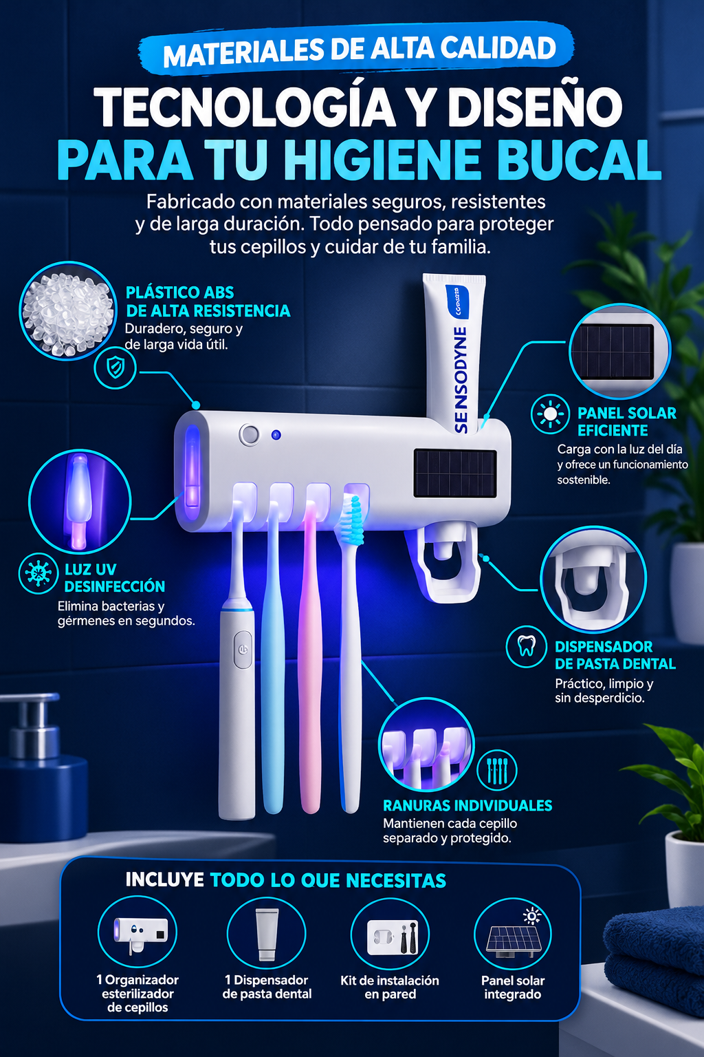 Lumora™ | Soporte Esterilizador UV para Cepillos Dentales 3 en 1