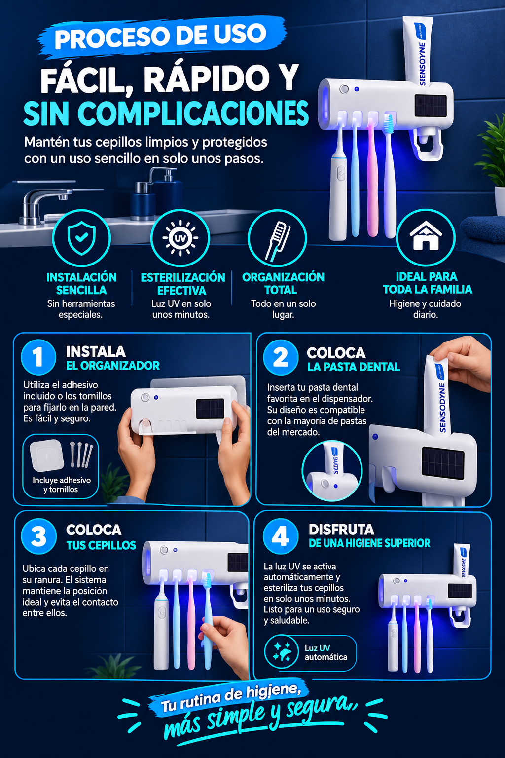 Lumora™ | Soporte Esterilizador UV para Cepillos Dentales 3 en 1